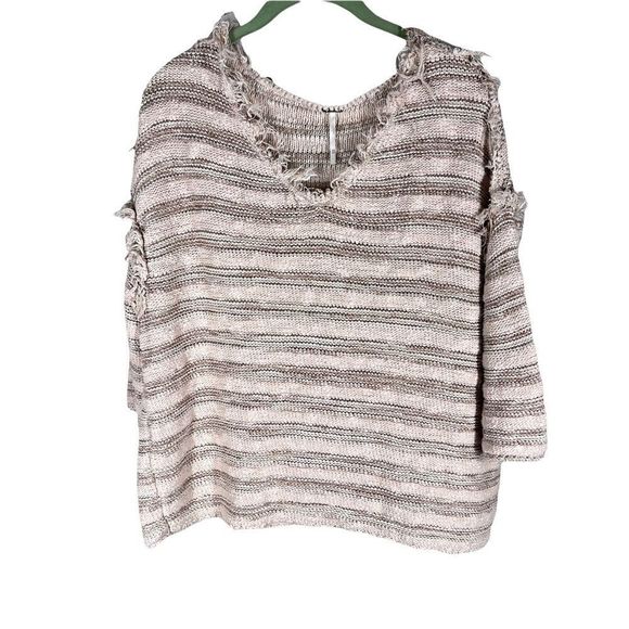 Free People Womens Sz XS Vee Neck Sweater Peachy Blush Drop Shoulder Raw Edges - Picture 1 of 6